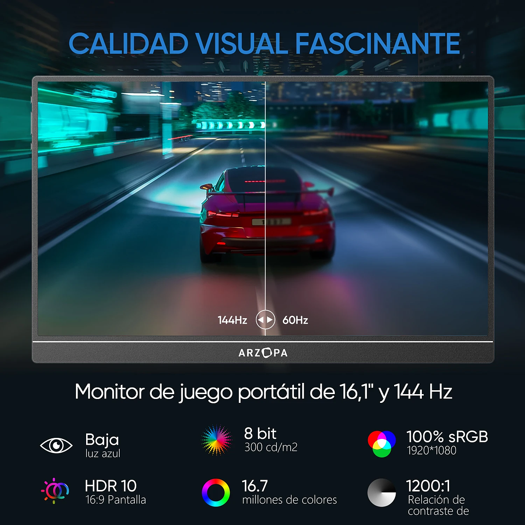 Monitor Gaming Portátil Arzopa 16.1’’  144Hz IPS FHD con Altavoces Integrados 3