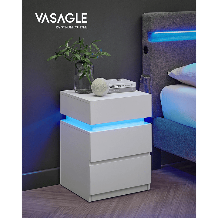 VASAGLE Mesa Auxiliar Moderna  Mesita de Noche con Luz LED y 3 Cajones 1