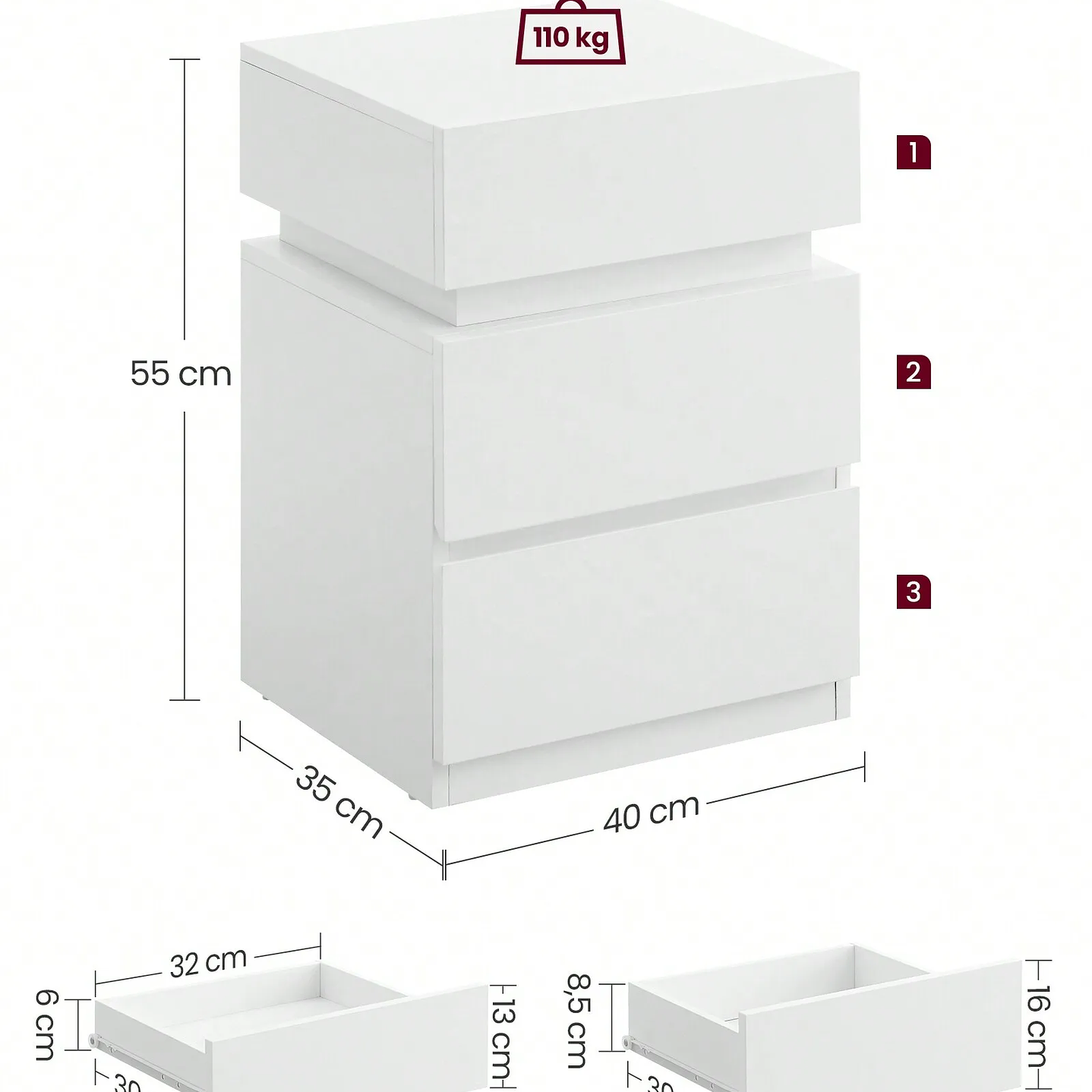 VASAGLE Mesa Auxiliar Moderna  Mesita de Noche con Luz LED y 3 Cajones 4