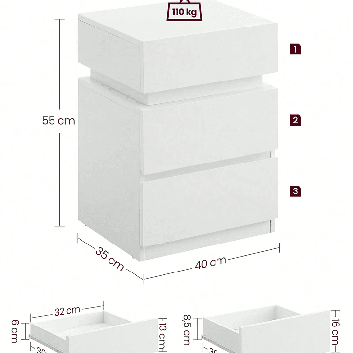 VASAGLE Mesa Auxiliar Moderna  Mesita de Noche con Luz LED y 3 Cajones 4