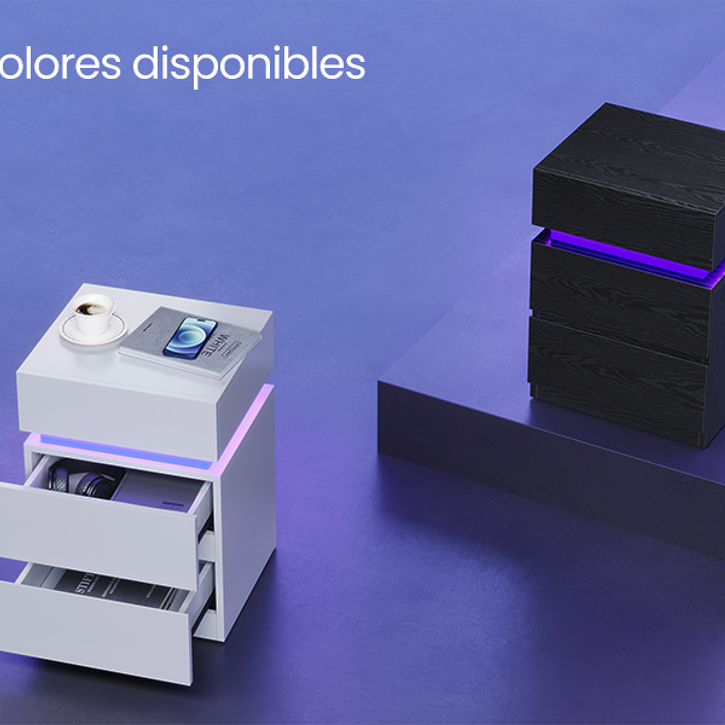 VASAGLE Mesa Auxiliar Moderna  Mesita de Noche con Luz LED y 3 Cajones 9