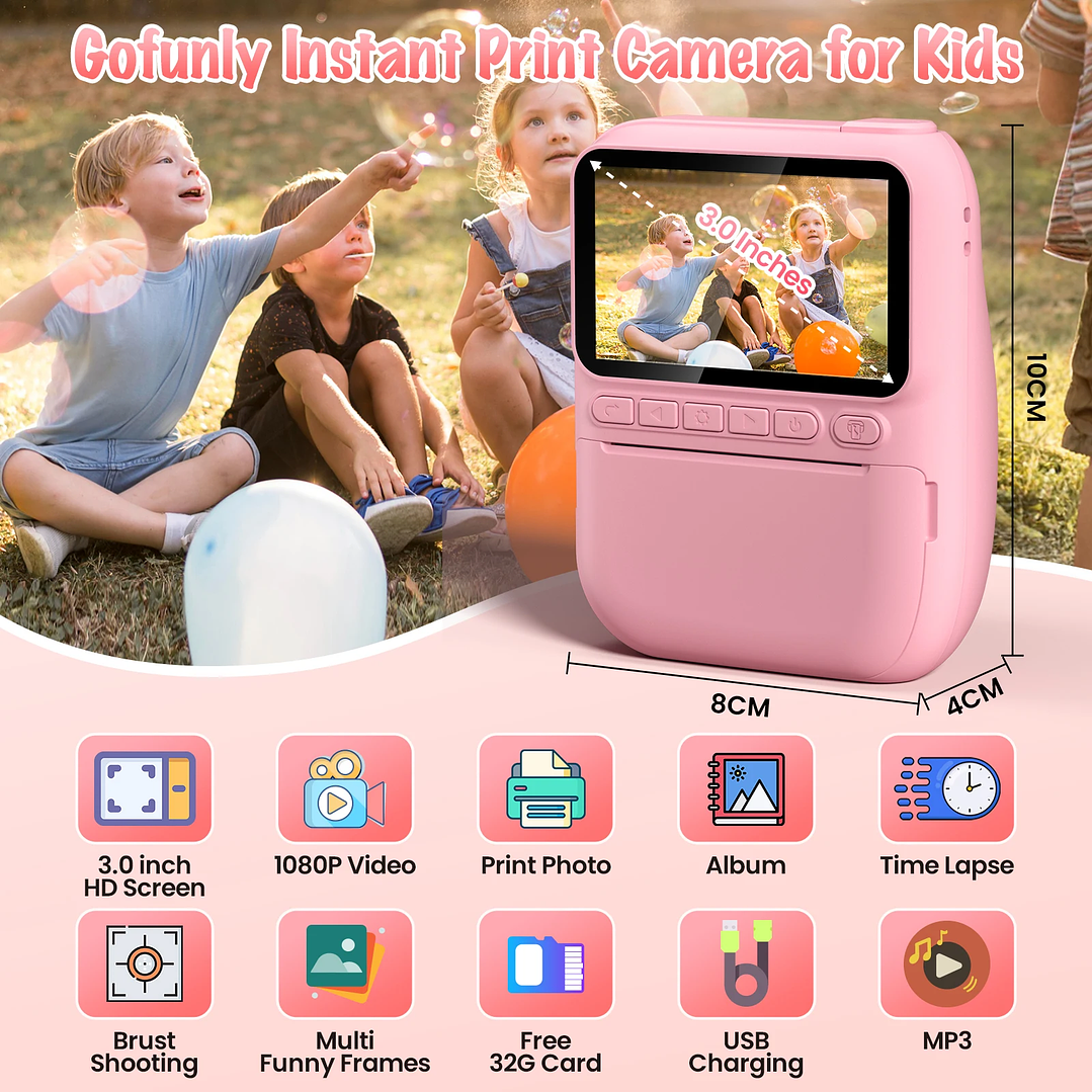 DIAMOOKY Cámara para Niños  Cámara Instantánea 1080P con 3 Rollos de Papel y Tarjeta 32GB 3