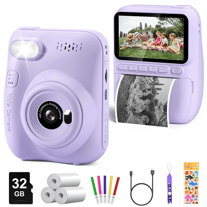 DIAMOOKY Cámara para Niños  Cámara Instantánea 1080P con 3 Rollos de Papel y Tarjeta 32GB 7