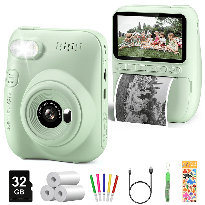 DIAMOOKY Cámara para Niños  Cámara Instantánea 1080P con 3 Rollos de Papel y Tarjeta 32GB 8
