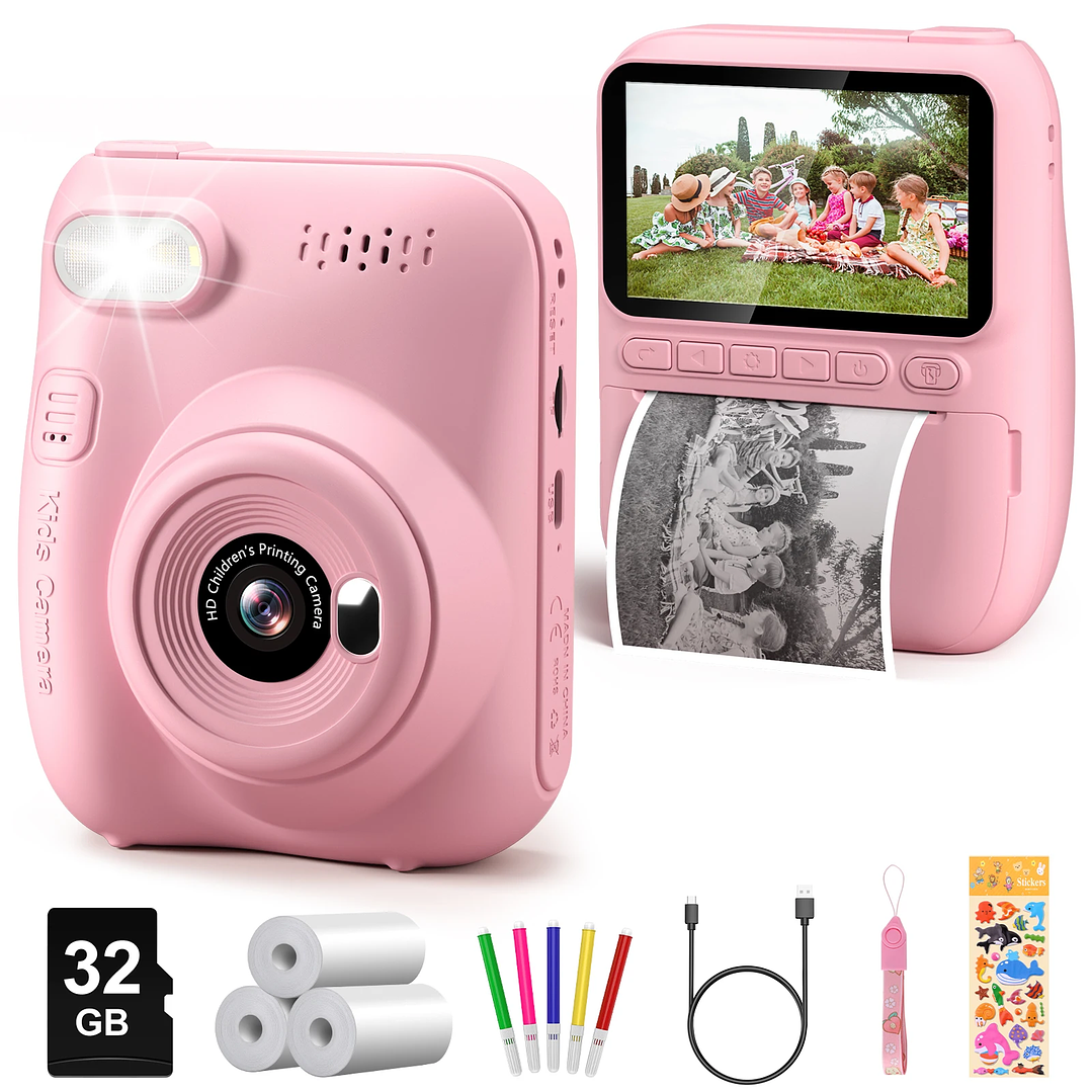 DIAMOOKY Cámara para Niños  Cámara Instantánea 1080P con 3 Rollos de Papel y Tarjeta 32GB 10