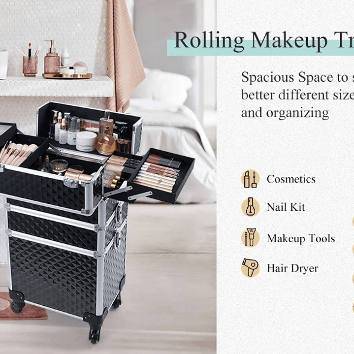 Carrito de Maquillaje Profesional 3 en 1  Estuche Cosmético Extraíble con Ruedas 12