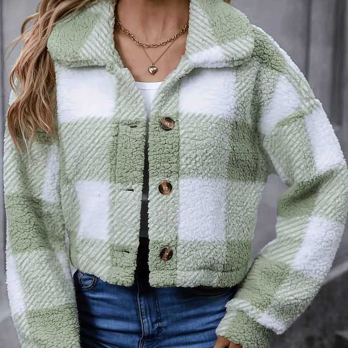 Chaqueta Teddy Mujer Cuadros - Abrigo Casual Invierno con Botones 1