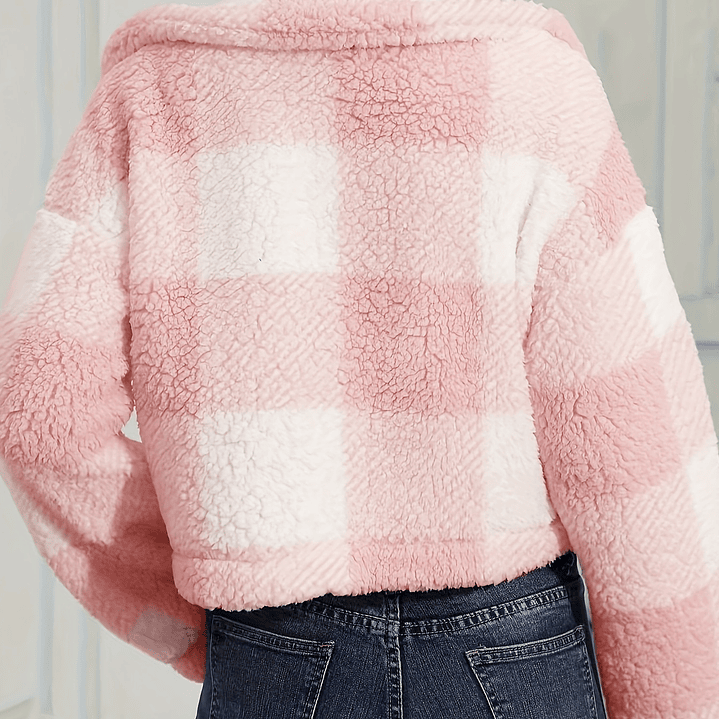 Chaqueta Teddy Mujer Cuadros - Abrigo Casual Invierno con Botones 6