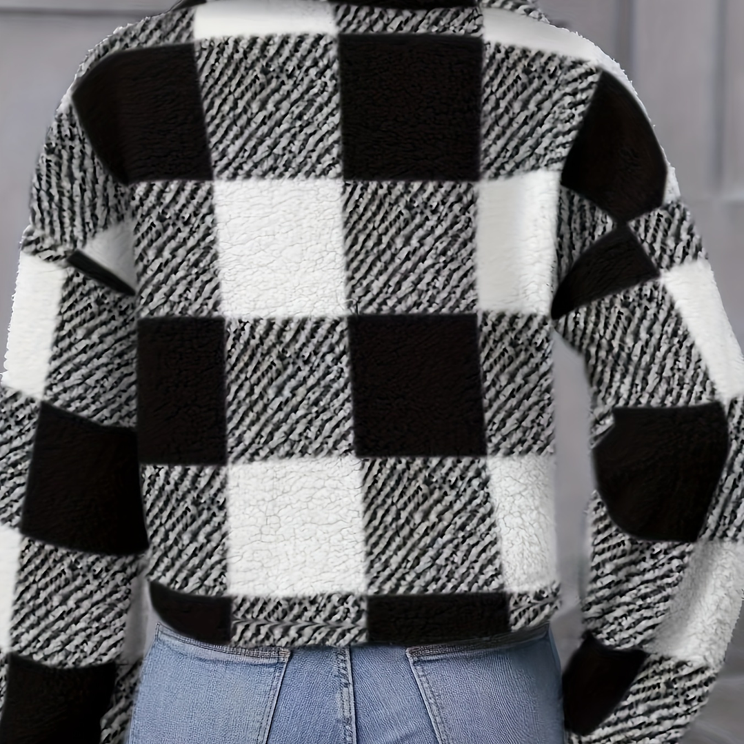 Chaqueta Teddy Mujer Cuadros - Abrigo Casual Invierno con Botones 7