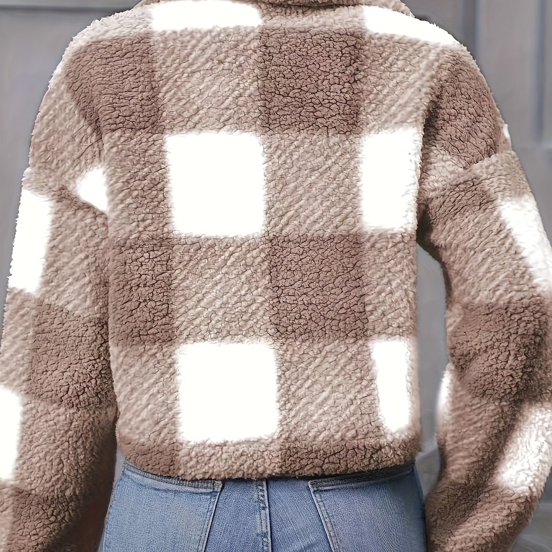 Chaqueta Teddy Mujer Cuadros - Abrigo Casual Invierno con Botones 8