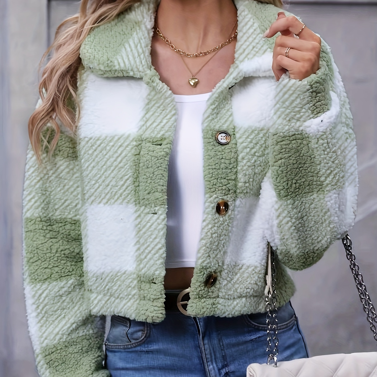 Chaqueta Teddy Mujer Cuadros - Abrigo Casual Invierno con Botones 9