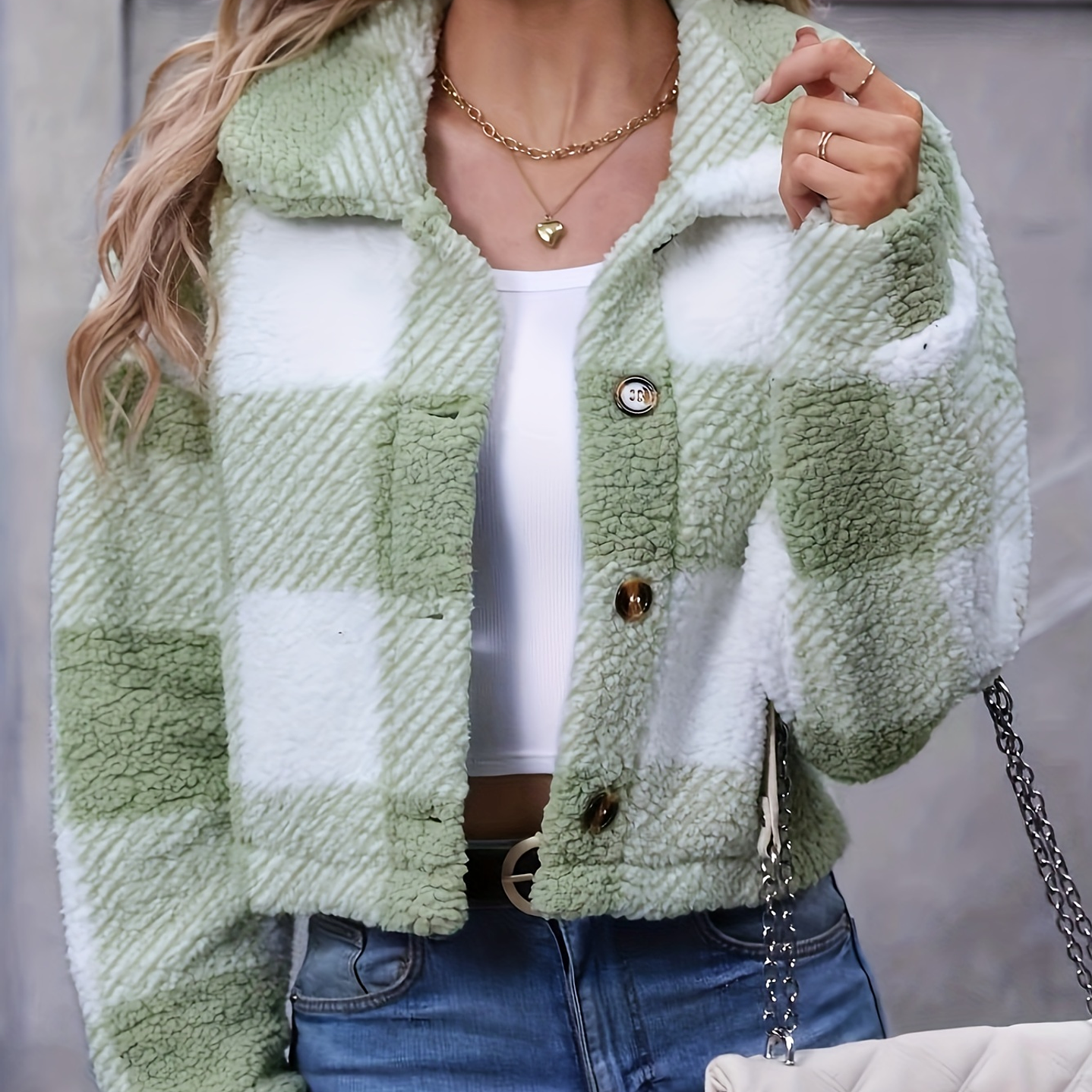 Chaqueta Teddy Mujer Cuadros - Abrigo Casual Invierno con Botones 15