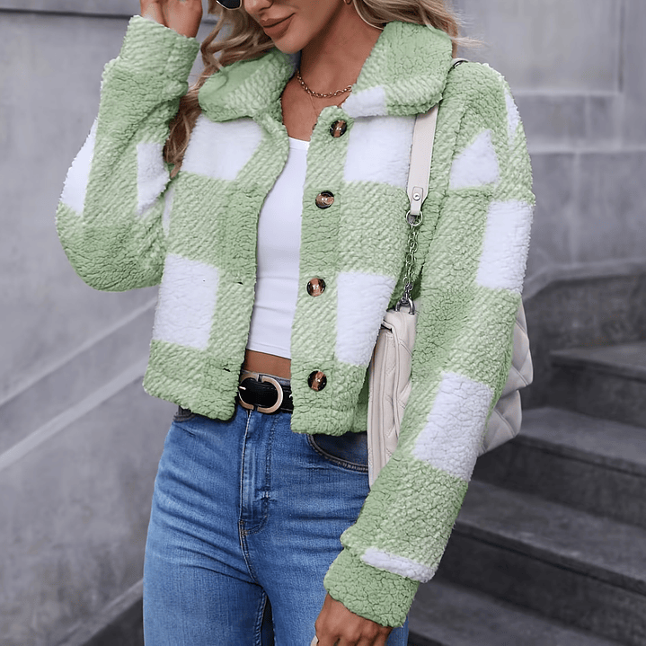 Chaqueta Teddy Mujer Cuadros - Abrigo Casual Invierno con Botones 16