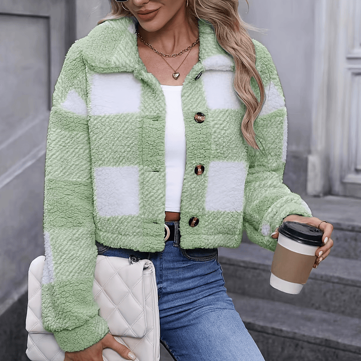 Chaqueta Teddy Mujer Cuadros - Abrigo Casual Invierno con Botones 17