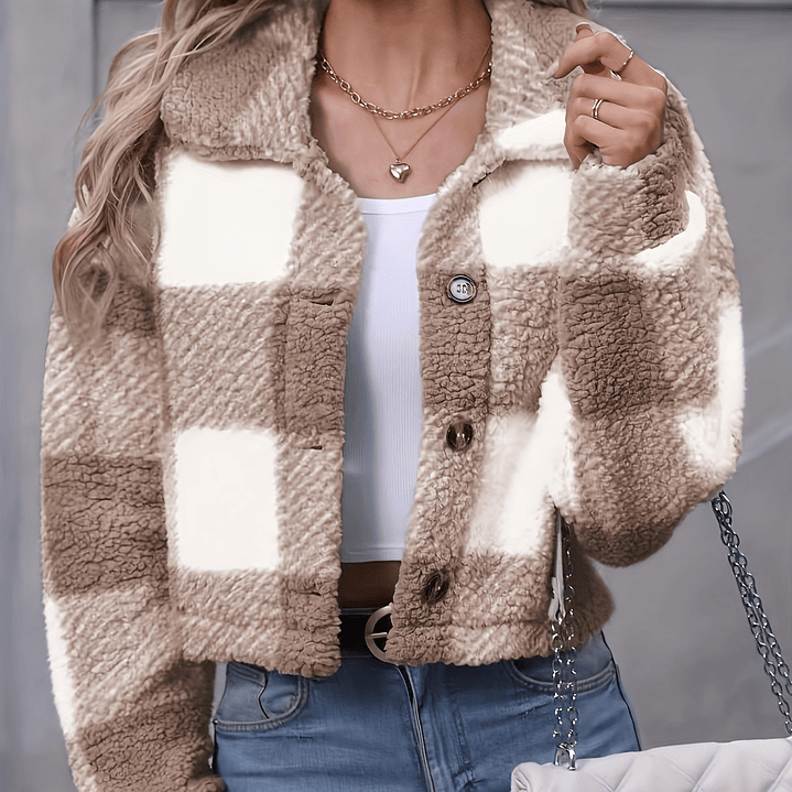 Chaqueta Teddy Mujer Cuadros - Abrigo Casual Invierno con Botones 21