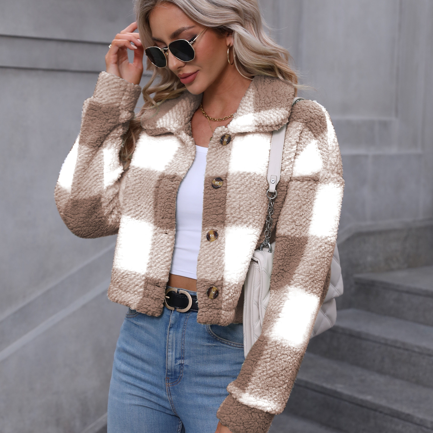 Chaqueta Teddy Mujer Cuadros - Abrigo Casual Invierno con Botones 23