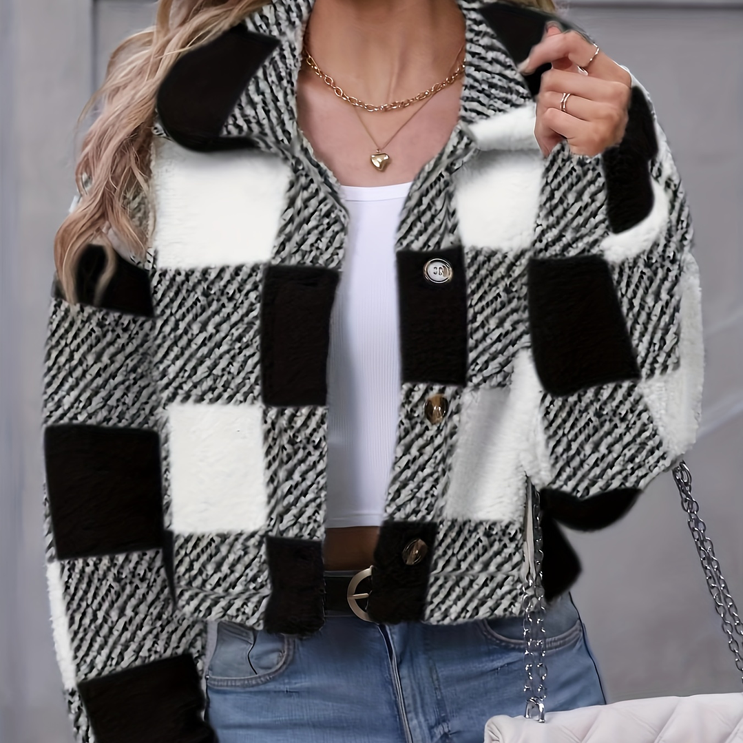 Chaqueta Teddy Mujer Cuadros - Abrigo Casual Invierno con Botones 24