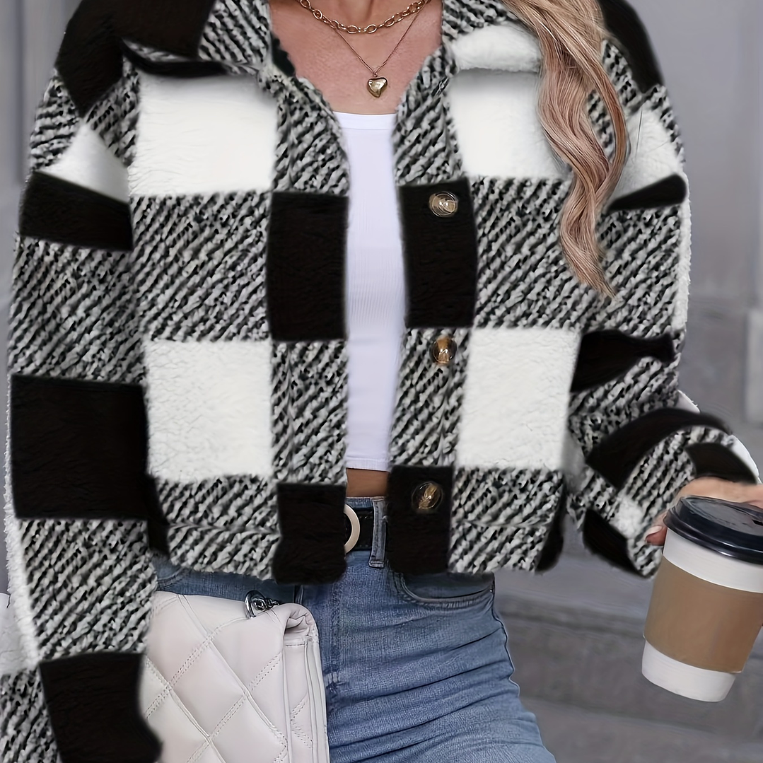 Chaqueta Teddy Mujer Cuadros - Abrigo Casual Invierno con Botones 26