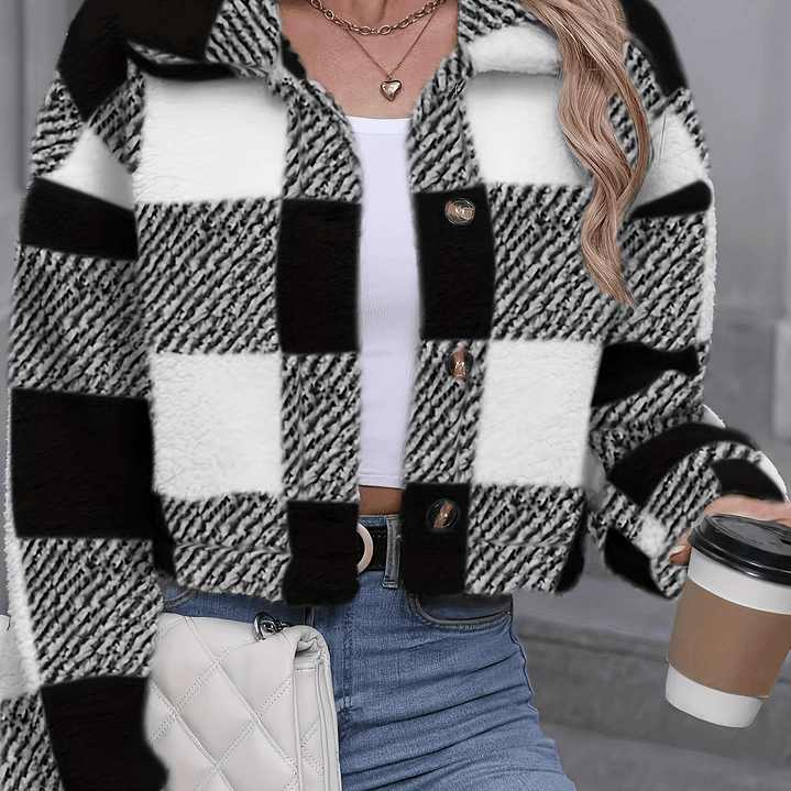 Chaqueta Teddy Mujer Cuadros - Abrigo Casual Invierno con Botones 26