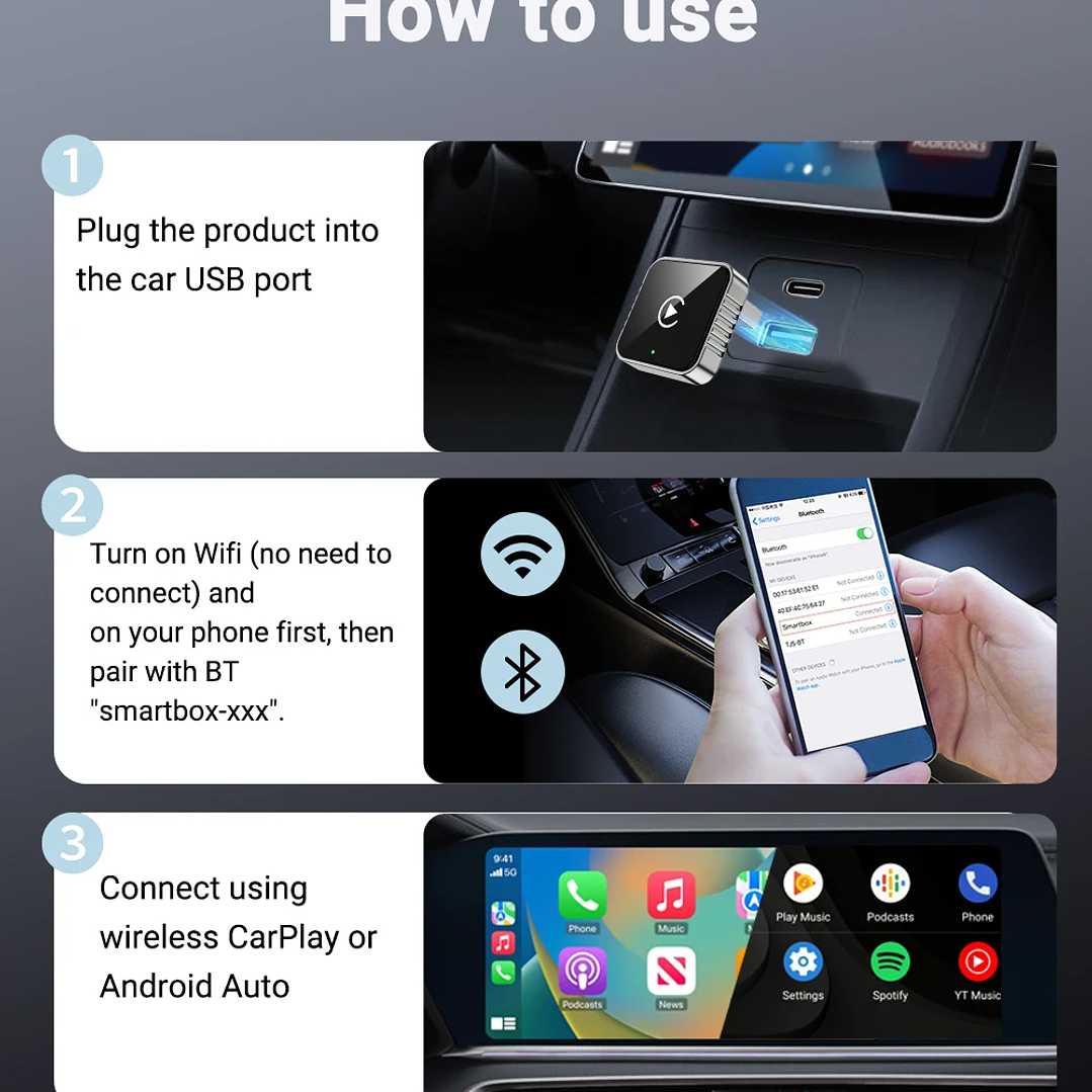 XUDA Adaptador CarPlay Android Auto - USB Mini Plug & Play Inalámbrico 20