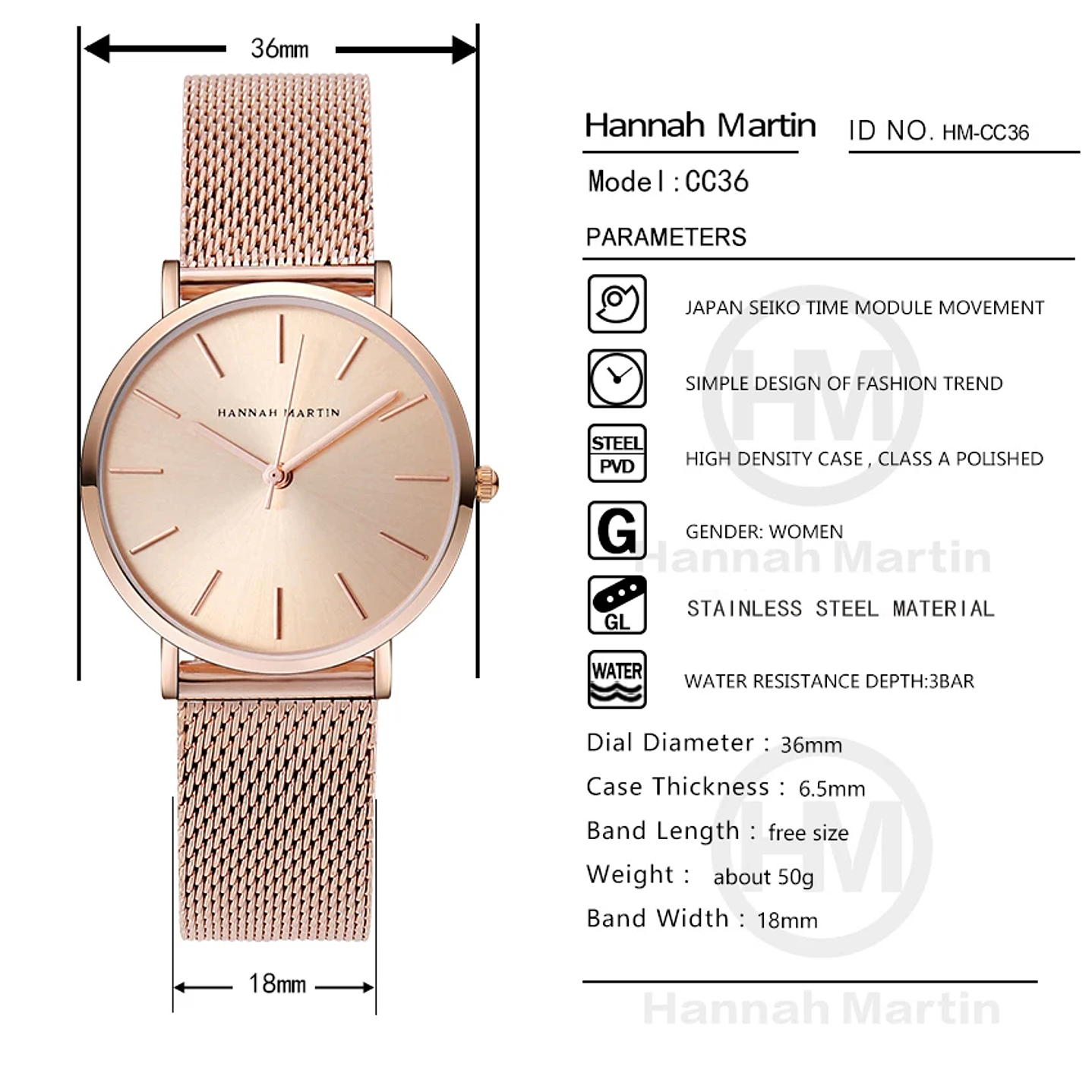 Hannah Martin Reloj Mujer 36 mm - Acero Inoxidable y 19 Colores Disponibles 43