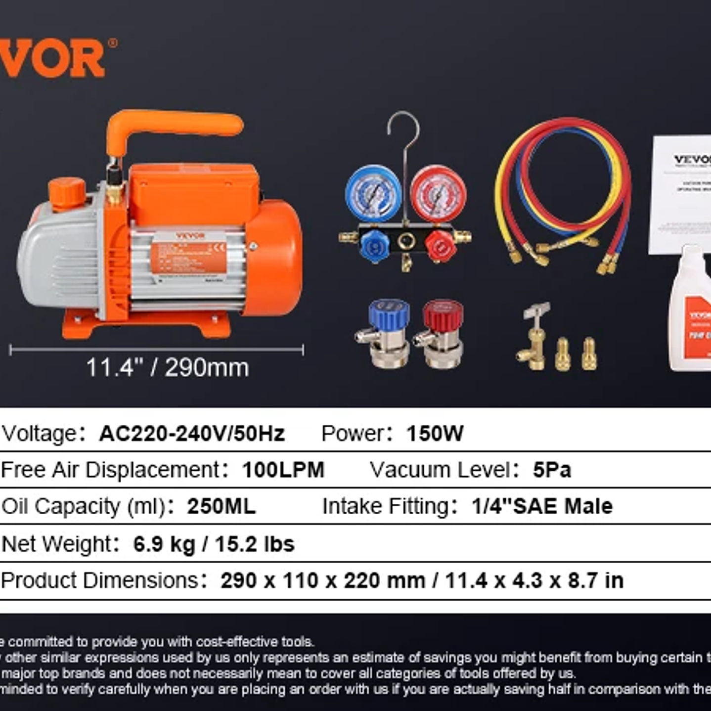 SucceBuy Bomba de Vacío 4CFM A2L - Kit Aire Acondicionado con Manómetros y Mangueras 7