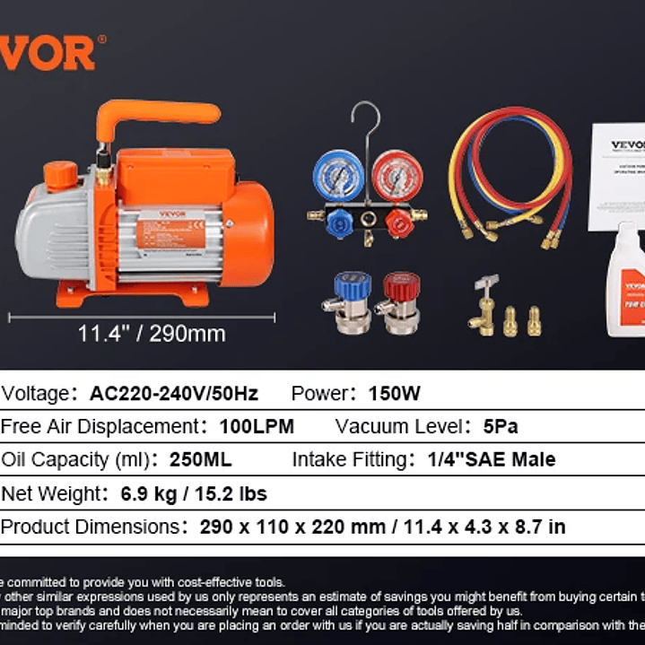 SucceBuy Bomba de Vacío 4CFM A2L - Kit Aire Acondicionado con Manómetros y Mangueras 7