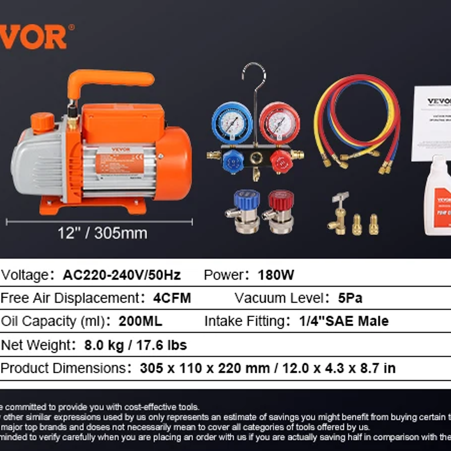 SucceBuy Bomba de Vacío 4CFM A2L - Kit Aire Acondicionado con Manómetros y Mangueras 10