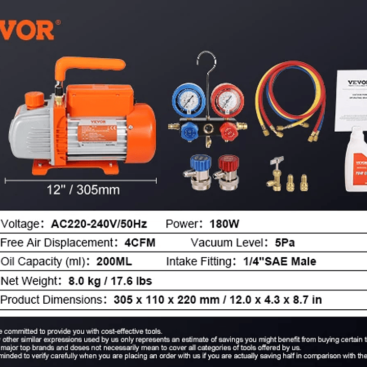 SucceBuy Bomba de Vacío 4CFM A2L - Kit Aire Acondicionado con Manómetros y Mangueras 10
