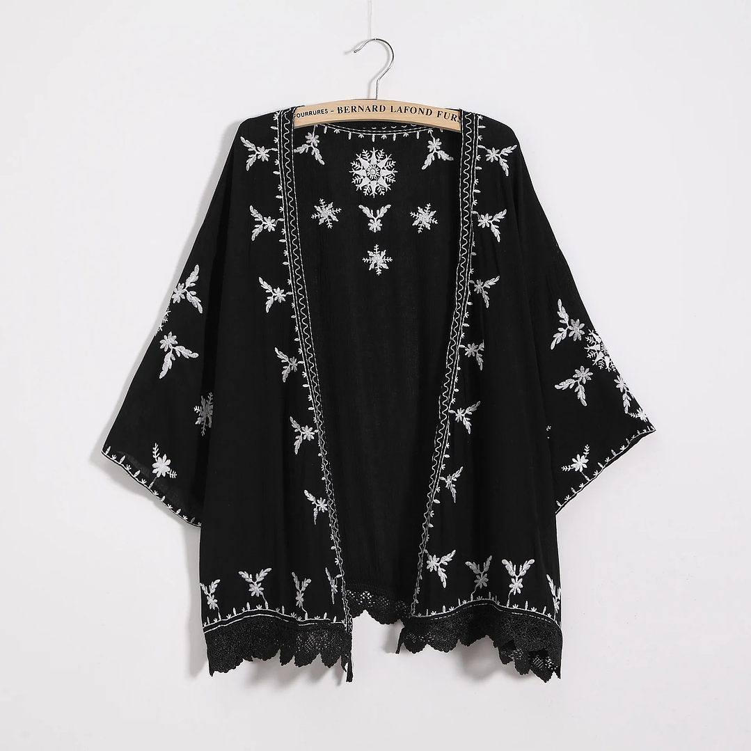 Kimono Bordado Bohemio Mujer - Blusa Encaje Holgada Estilo Casual y Elegante 1