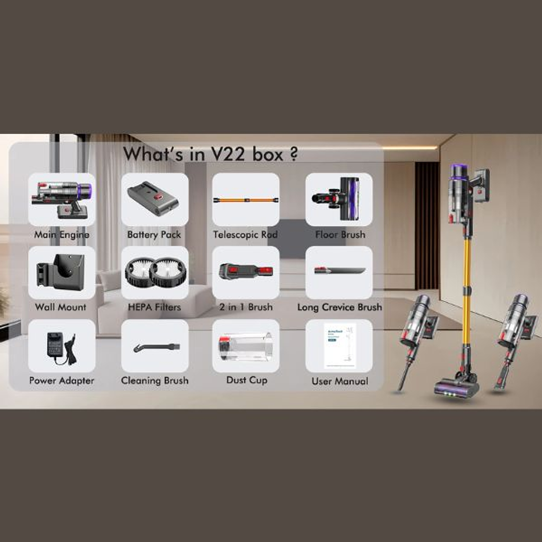 Aspiradora Armo V22 6 en 1 - Portátil Inalámbrica 600W con Pantalla LED y Autonomía 1h 11