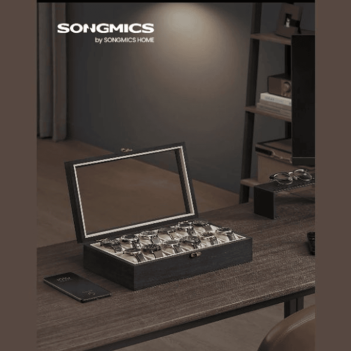 SONGMICS Caja de Relojes 12 Compartimentos - Organizador Elegante de Madera Ébano 1
