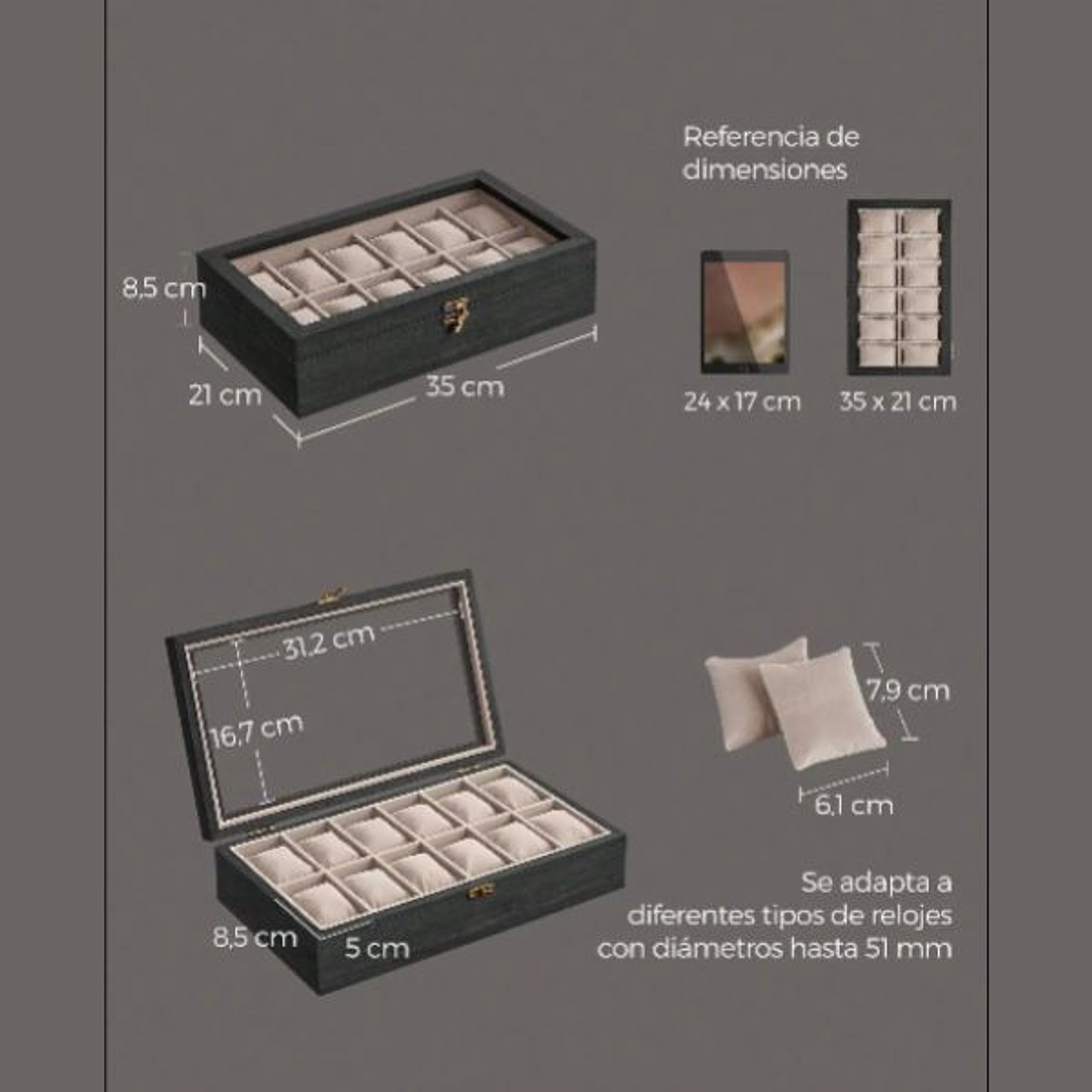 SONGMICS Caja de Relojes 12 Compartimentos - Organizador Elegante de Madera Ébano 2