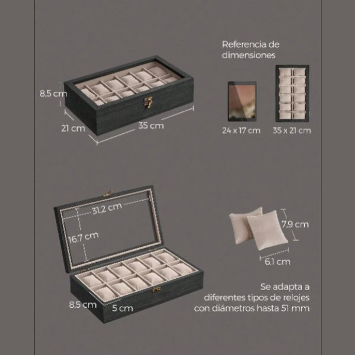 SONGMICS Caja de Relojes 12 Compartimentos - Organizador Elegante de Madera Ébano 2