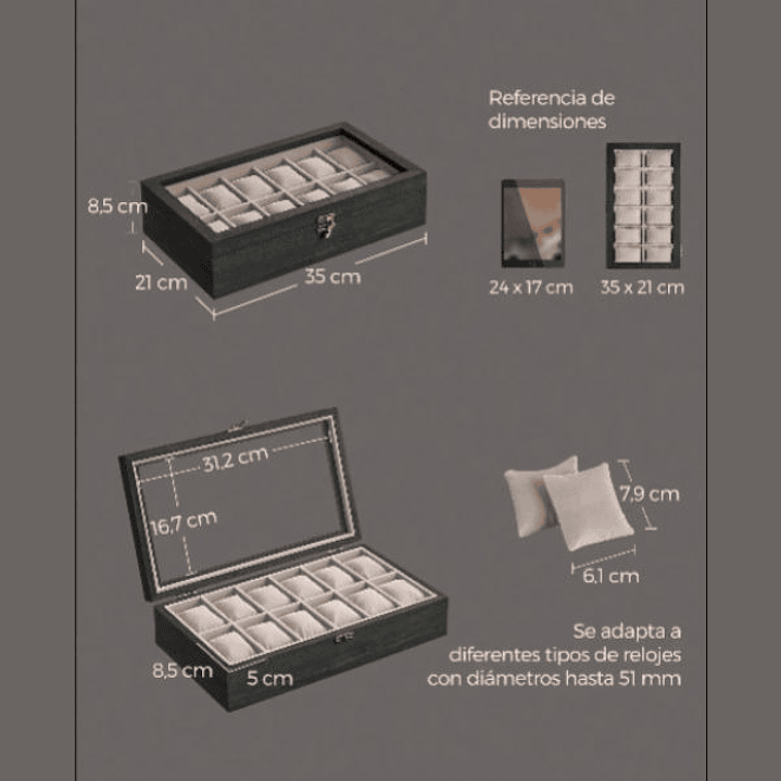 SONGMICS Caja de Relojes 12 Compartimentos - Organizador Elegante de Madera Ébano 2