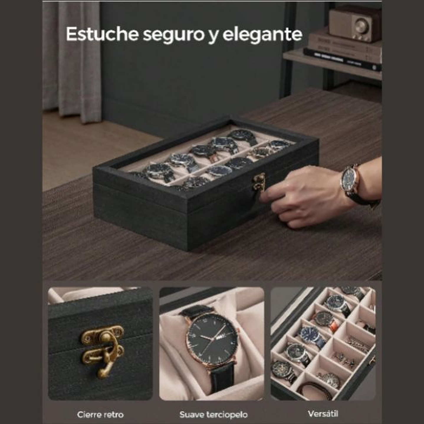 SONGMICS Caja de Relojes 12 Compartimentos - Organizador Elegante de Madera Ébano 3