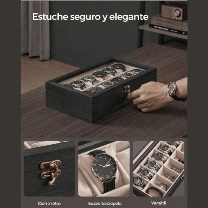 SONGMICS Caja de Relojes 12 Compartimentos - Organizador Elegante de Madera Ébano 3