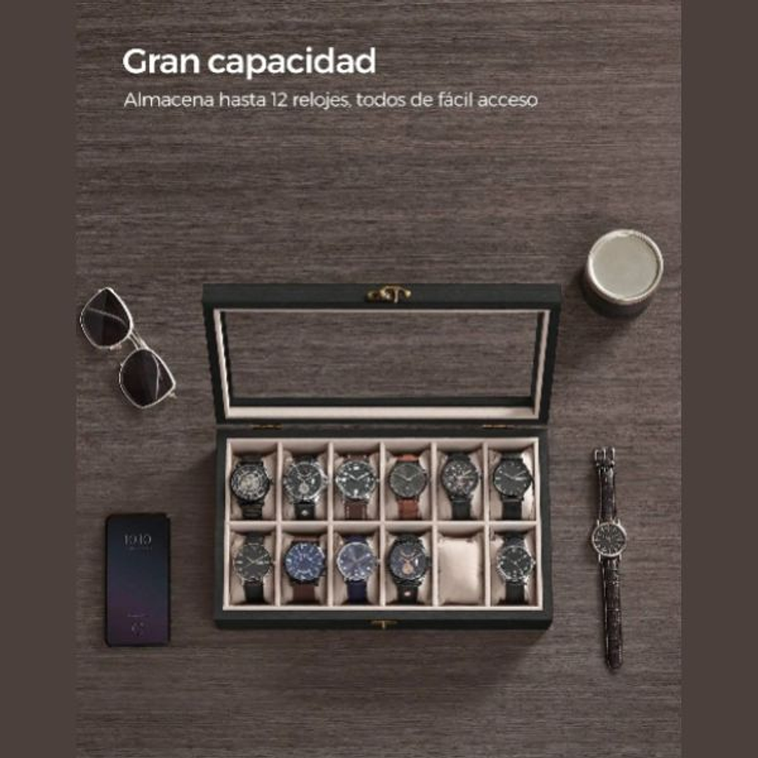 SONGMICS Caja de Relojes 12 Compartimentos - Organizador Elegante de Madera Ébano 4
