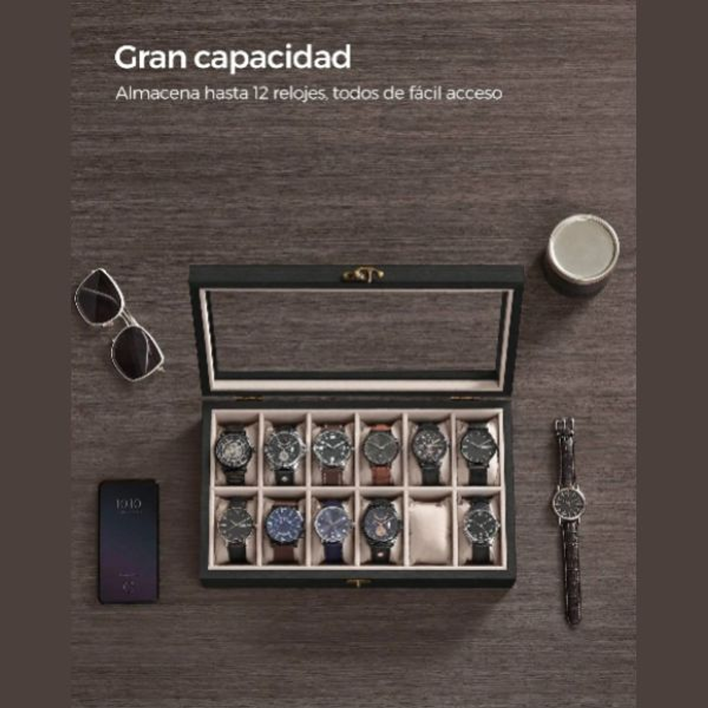 SONGMICS Caja de Relojes 12 Compartimentos - Organizador Elegante de Madera Ébano 4