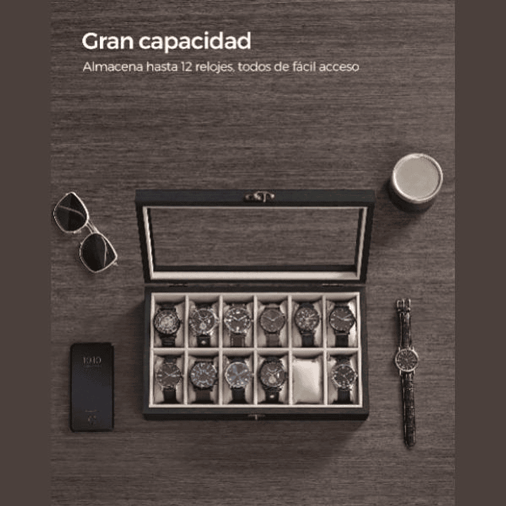 SONGMICS Caja de Relojes 12 Compartimentos - Organizador Elegante de Madera Ébano 4