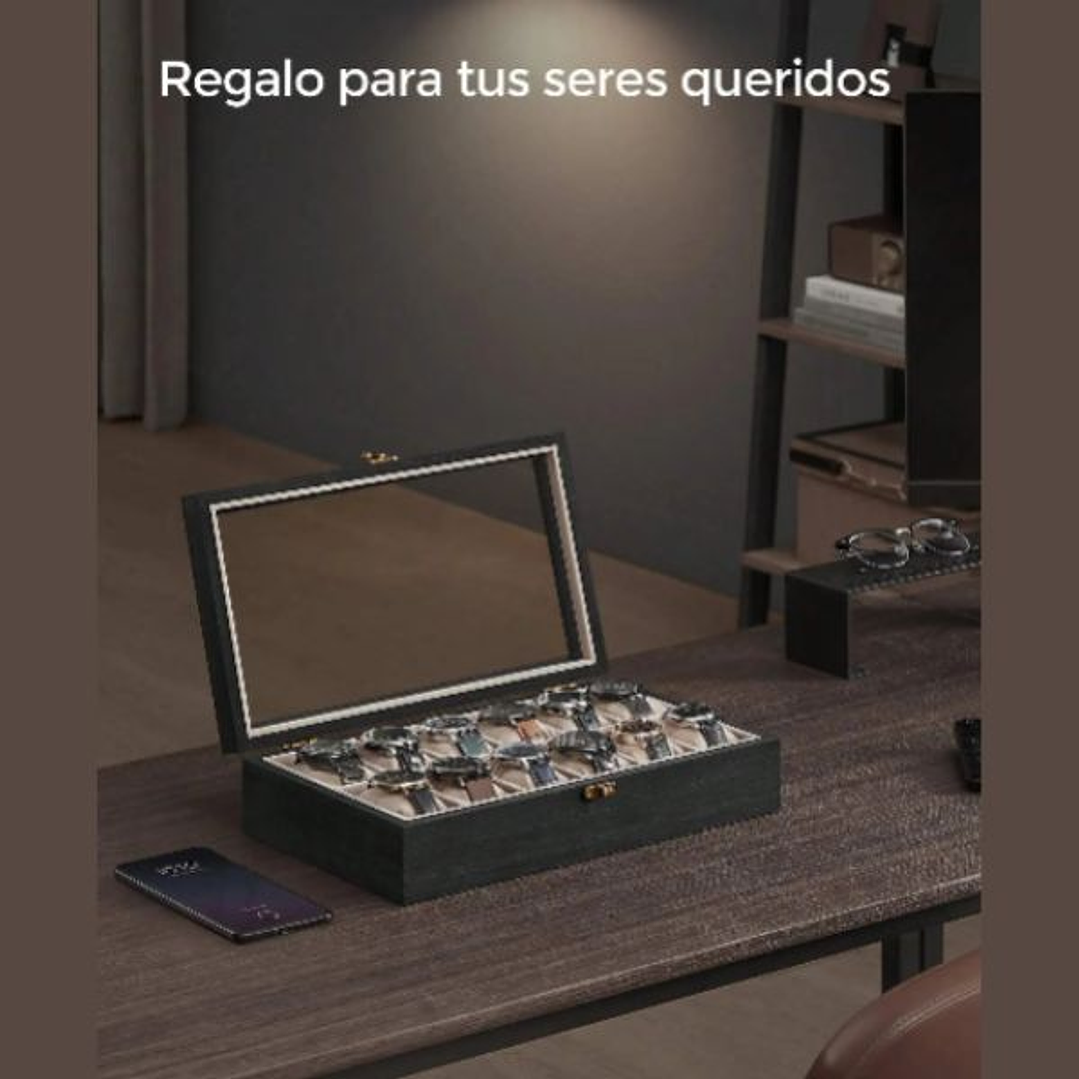 SONGMICS Caja de Relojes 12 Compartimentos - Organizador Elegante de Madera Ébano 5