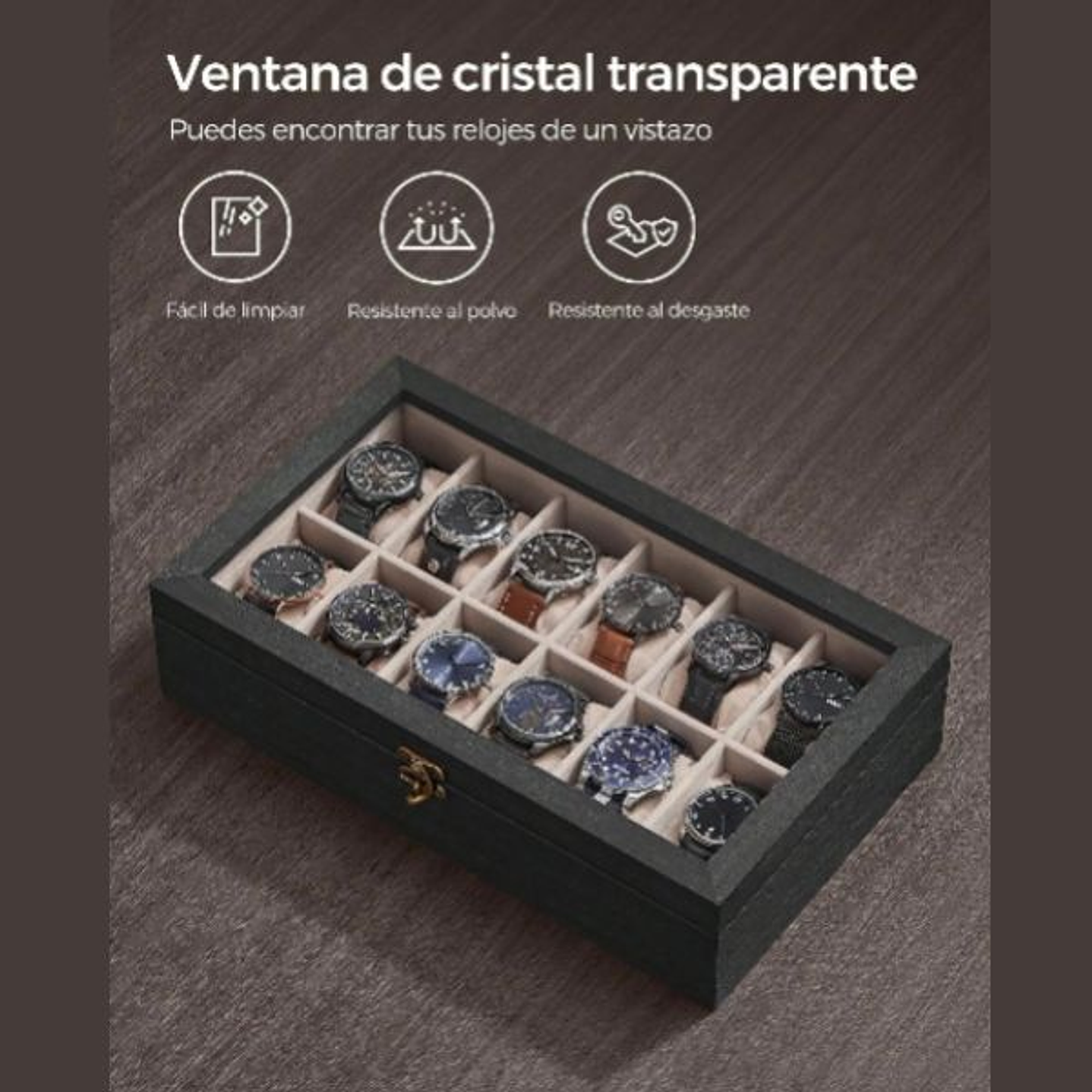 SONGMICS Caja de Relojes 12 Compartimentos - Organizador Elegante de Madera Ébano 6