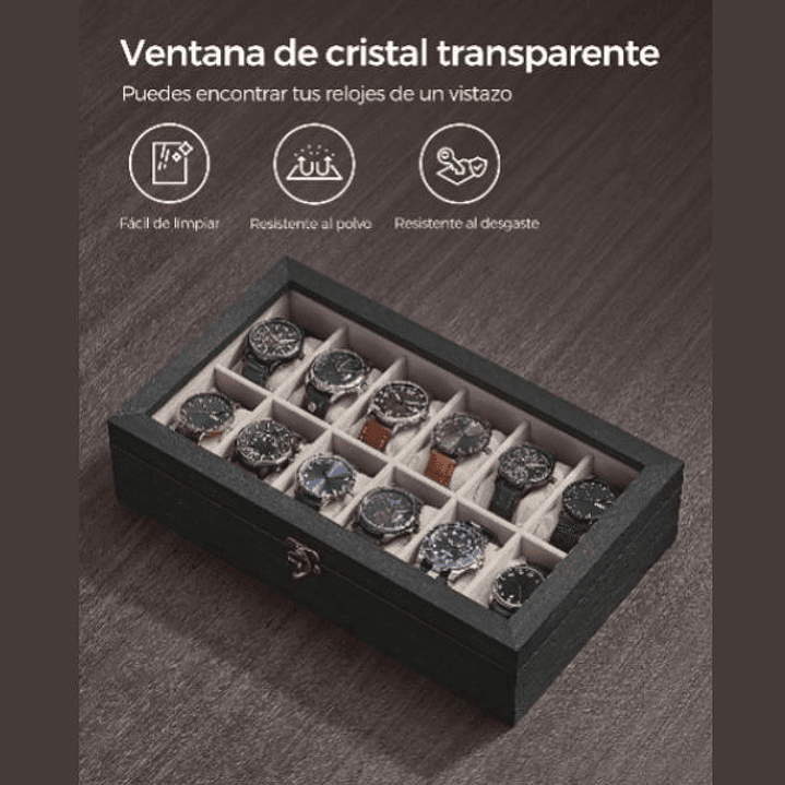 SONGMICS Caja de Relojes 12 Compartimentos - Organizador Elegante de Madera Ébano 6