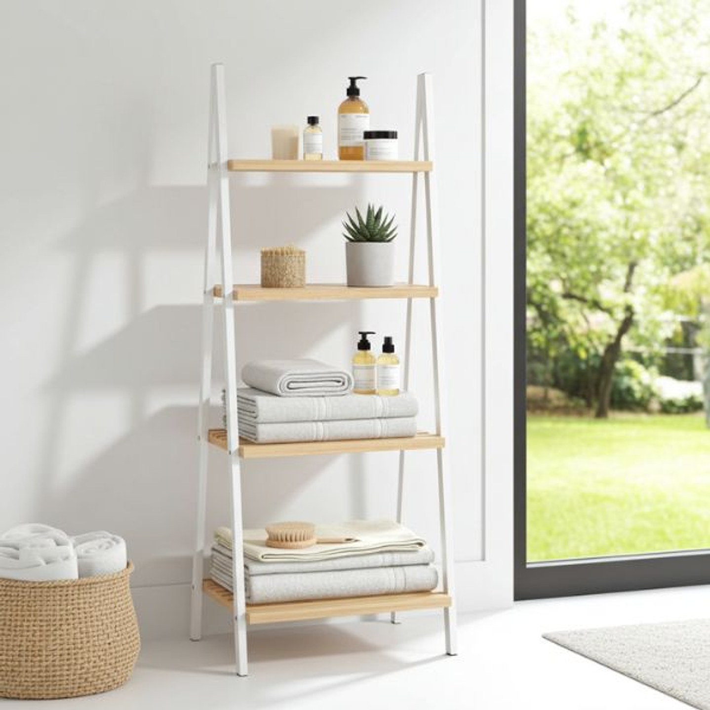 Estantería Baño Berilo Bambú Blanco Natural 3 Estantes 4