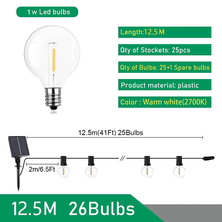Cadena de Luces LED Solar G40 Jardín 7