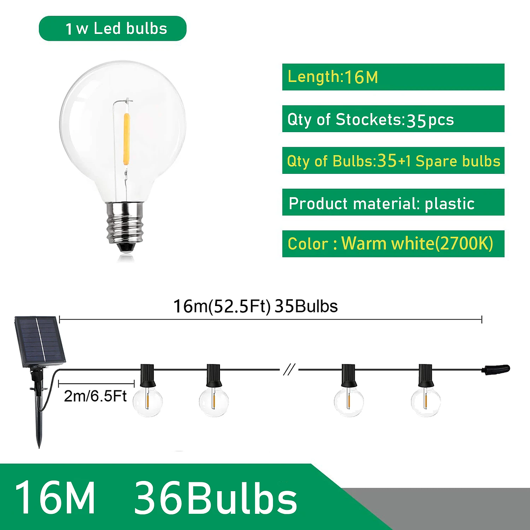 Cadena de Luces LED Solar G40 Jardín 10