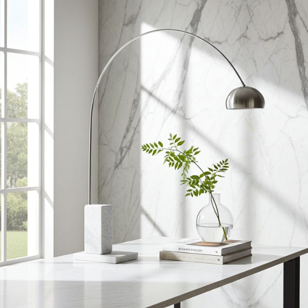 Lámpara de Pie NEW ARC BIG - Diseño Cromado Mármol Blanco 4