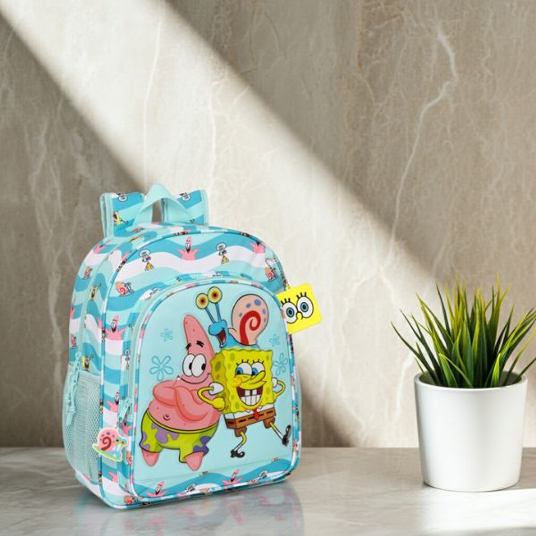 Mochila Escolar Infantil Spongebob Stay Positive Azul y Blanca – Diseño Ergonómico y Adaptable a Carro Portamochilas 2