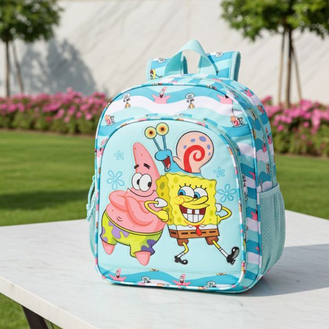 Mochila Escolar Infantil Spongebob Stay Positive Azul y Blanca – Diseño Ergonómico y Adaptable a Carro Portamochilas 3