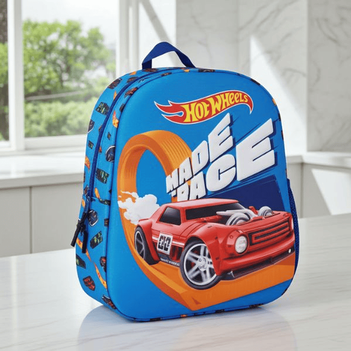 Mochila Infantil Hot Wheels 3D Azul Marino 27x33x10 cm con Asa, Cremallera y Bolsillo Portabotella 3